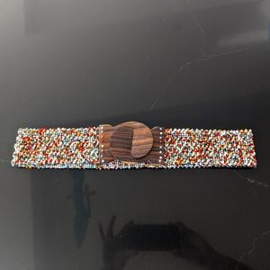 Handmade Indonesian beaded elastic stretch belt wooden buckle